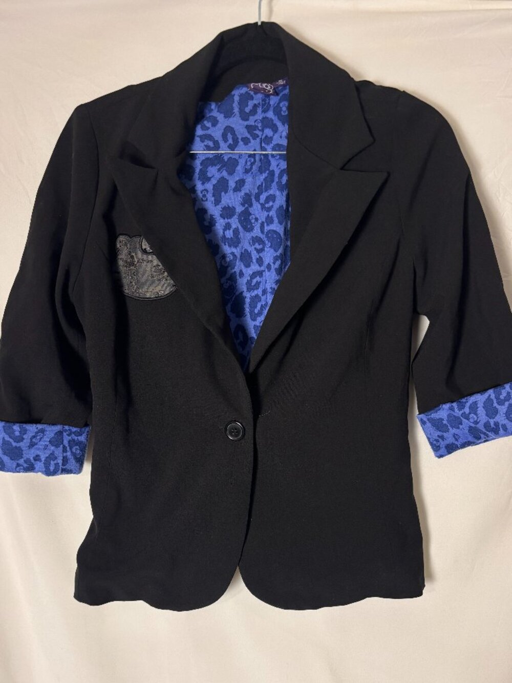 Hello Kitty Black Blazer Blue Leopard Print Lining & Cuffs Y2K Size Medium
